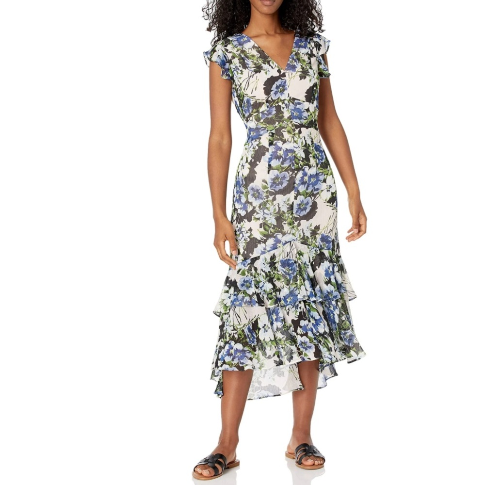 Tommy Hilfiger Floral V-Neck Ruffle Hem Dress